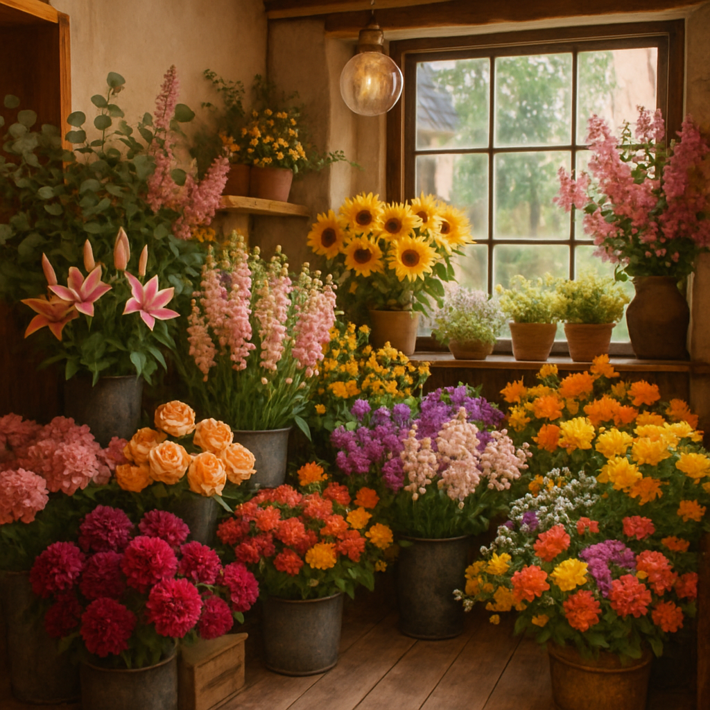 A beautiful flower shop with various flowers